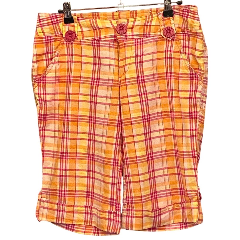 Y2K Nori Plaid Shorts McBling Preppy Orange Magenta Yellow Checked Knee Length 3